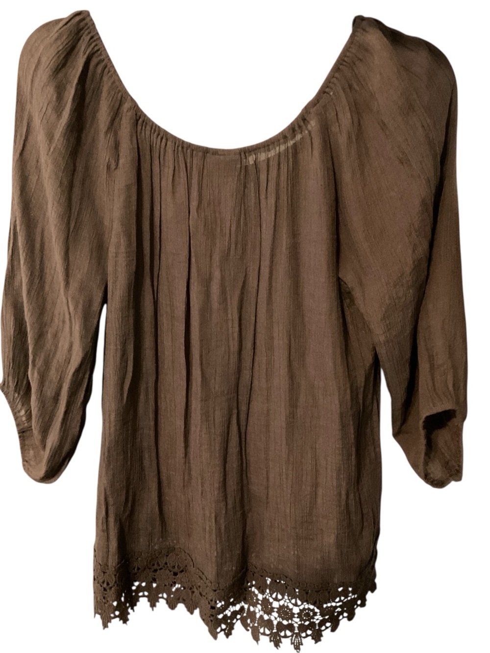 Bobeau Brown Boho Peasant Blouse Lace Crochet Hem Size Large - Picture 4 of 5